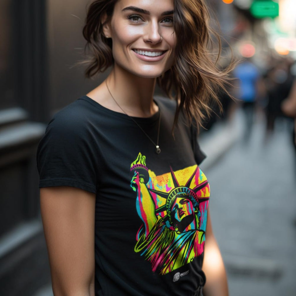 Sustainable streetwear, Graffiti print t-shirt, Statue of Liberty art, Latino streetwear, Merge of cultures, Premium cotton t-shirt, Comfortable fashion, Positive fashion, Ethical fashion, Urban fashion, Conscious consumer, Original design