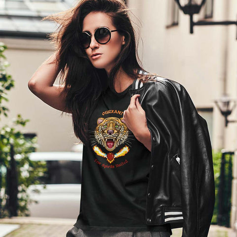 Tiger Woman T-Shirt, Latina Streetwear, Ethical production, Conscious fashion revolution, Latinx Streetwear, Style, Latina T-Shirt, Sustainable premium streetwear , Woman cotton T-shirt, Latinx street art style, Tiger artwork, Fashion-forward, Comfortable and soft, Eco-conscious choice.