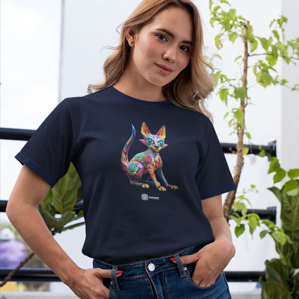 Alebrije-inspired cat T-shirt, Mexican and Latin art influences, vibrant and colorful design, unique cultural fusion wearable, Latinx Streetwear, Cat Alebrije, Latino, Cat Lover