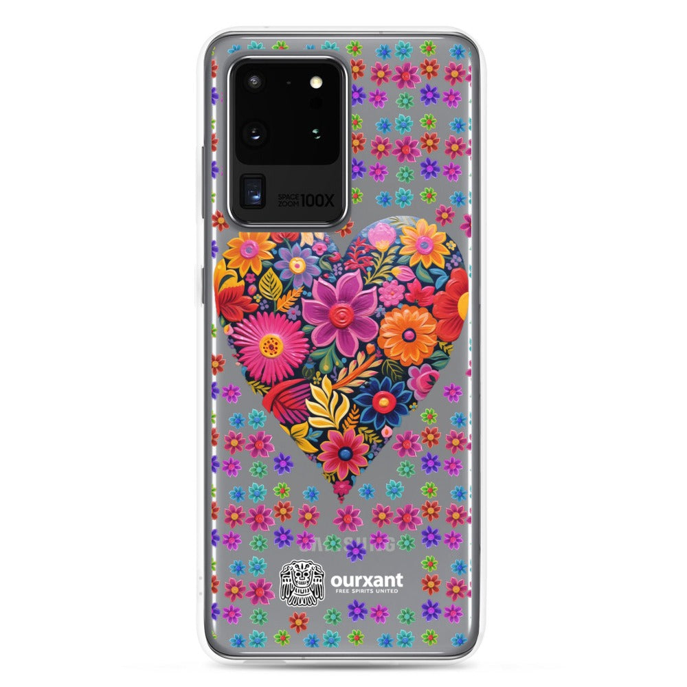 Samsung, phone case, sleek, protection, scratches, dust, oil, dirt, solid back, flexible sides, cuts, holes, original artwork, oil painted style, Mexican flowers, love, colorful, individuality, vibrant, unique design, cultural heritage, mood, joy, positivity, serenity, durability, long-lasting, style, artistic statement, Latina Accesories, Latina Samsung Cases, Mexican Heart