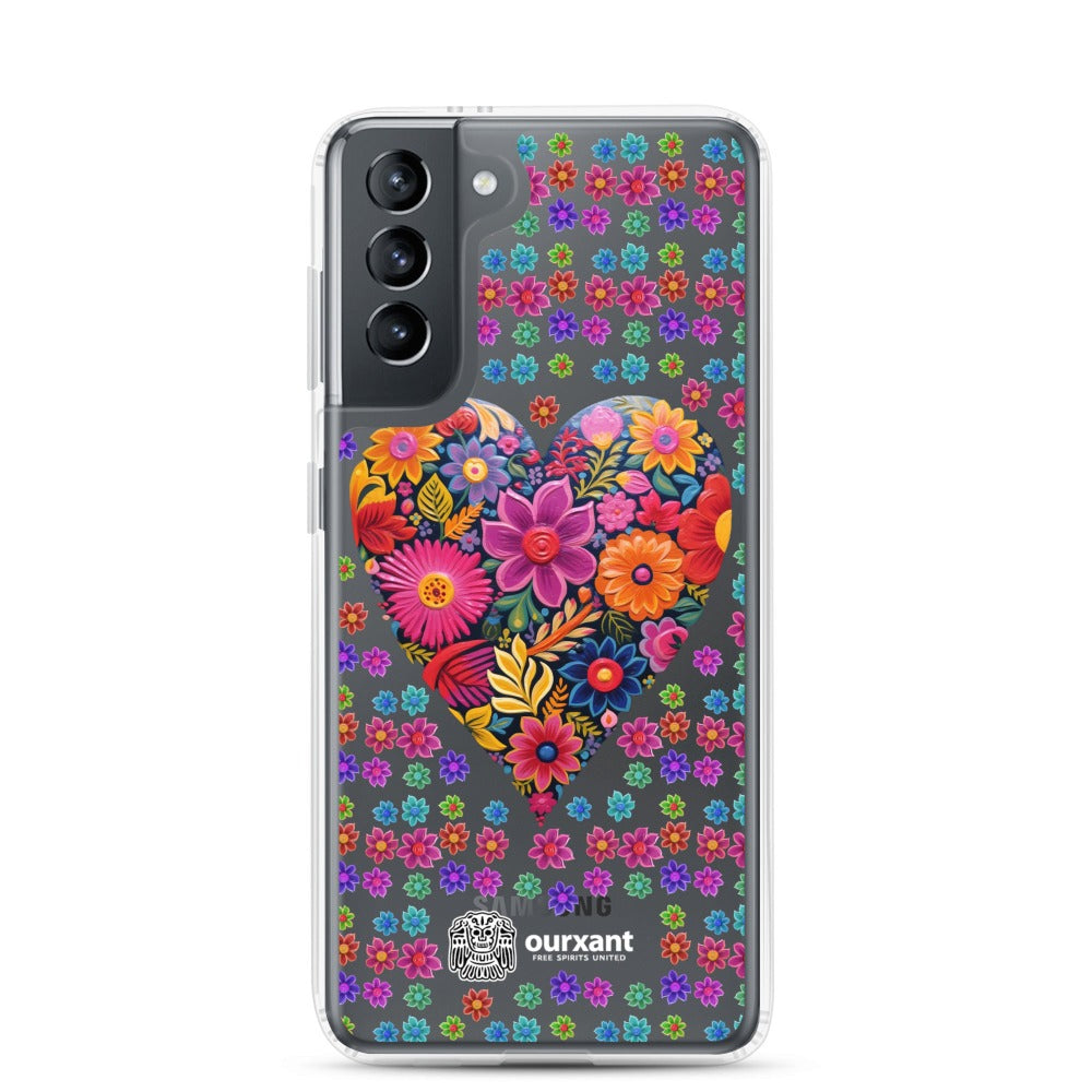 Samsung, phone case, sleek, protection, scratches, dust, oil, dirt, solid back, flexible sides, cuts, holes, original artwork, oil painted style, Mexican flowers, love, colorful, individuality, vibrant, unique design, cultural heritage, mood, joy, positivity, serenity, durability, long-lasting, style, artistic statement, Latina Accesories, Latina Samsung Cases, Mexican Heart