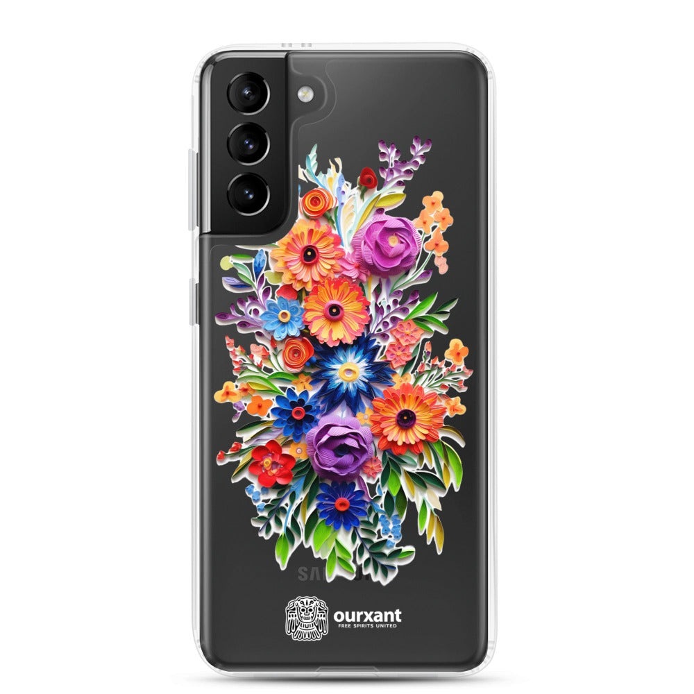 Samsung case, Phone protection, Sleek design, Mexican floral art, Oil-painted flowers, Scratch-resistant, Dustproof, Oil-resistant, Dirt-resistant, Solid back, Flexible sides, Precise alignment, Port openings, Fashionable, Elegance, Sophistication, Natural beauty, High-quality, Attention to detail, Apple accessory, Latinx accessory, Latina accessory, Mexican accessory, Samsung S23 Case