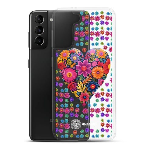 Samsung, phone case, sleek, protection, scratches, dust, oil, dirt, solid back, flexible sides, cuts, holes, original artwork, oil painted style, Mexican flowers, love, colorful, individuality, vibrant, unique design, cultural heritage, mood, joy, positivity, serenity, durability, long-lasting, style, artistic statement, Latina Accesories, Latina Samsung Cases, Mexican Heart