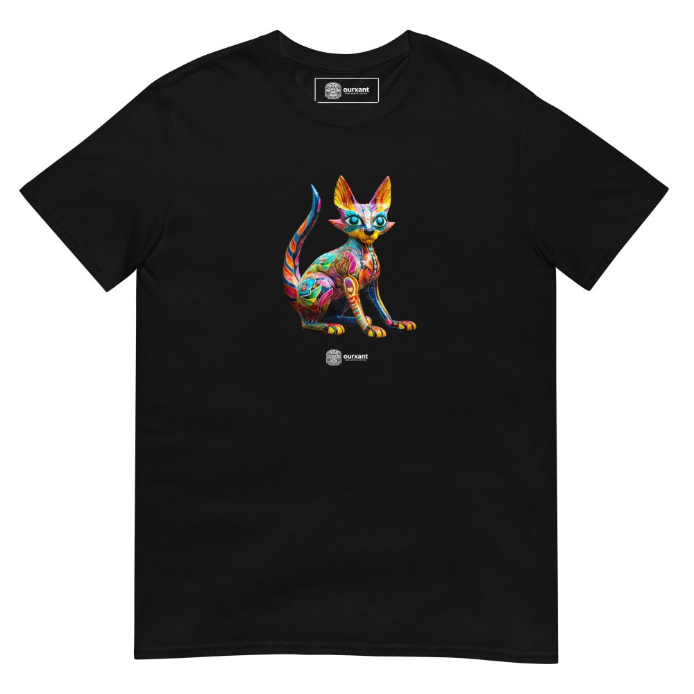 Alebrije-inspired cat T-shirt, Mexican and Latin art influences, vibrant and colorful design, unique cultural fusion wearable, Latinx Streetwear, Cat Alebrije, Latino, Cat Lover