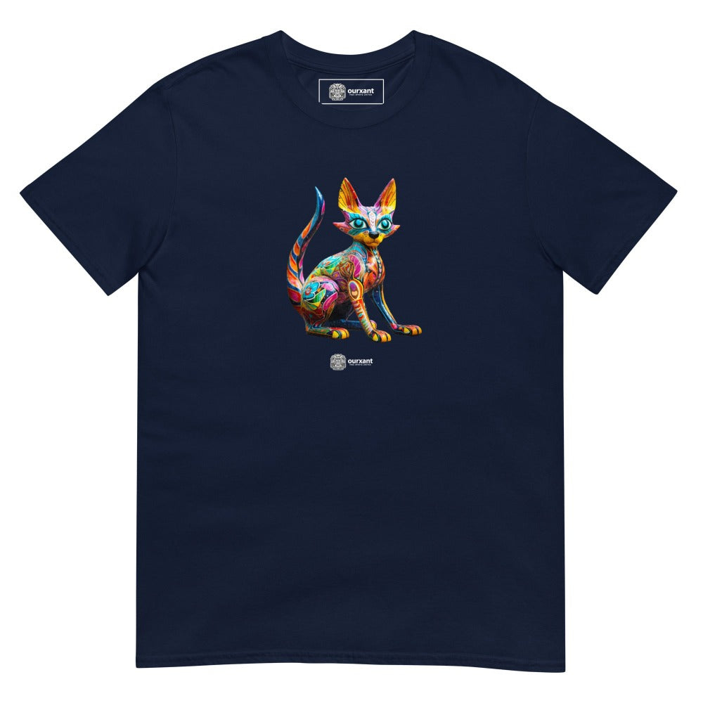 Alebrije-inspired cat T-shirt, Mexican and Latin art influences, vibrant and colorful design, unique cultural fusion wearable, Latinx Streetwear, Cat Alebrije, Latino, Cat Lover