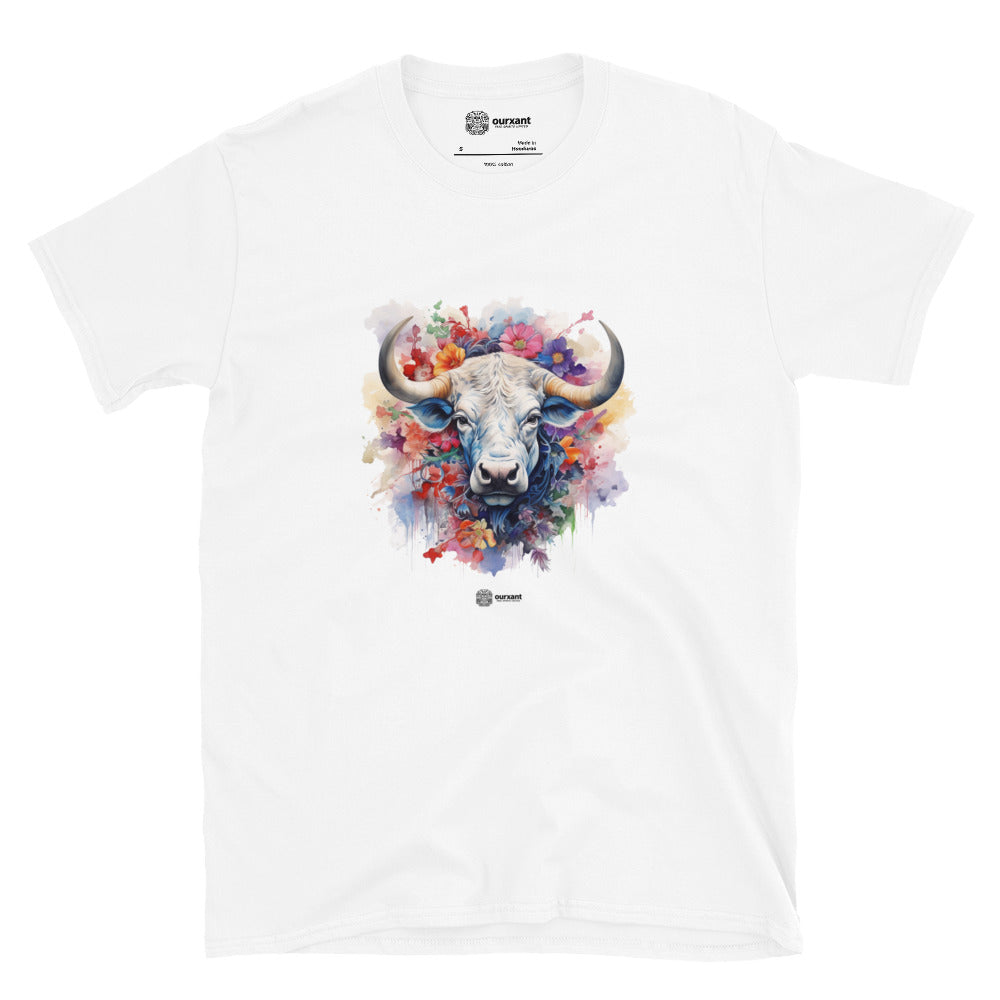 Premium Cotton T-Shirt, Bull artwork, Flowers watercolor design, Powerful and kind, Exclusive apparel, Comfortable and durable, Stylish fashion statement, Gentle yet mighty, High-quality fabric, Order online, Latinx Streetwear, Streetwear T-Shirt, Latino Artwork, Latino Streetwear