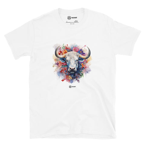 Premium Cotton T-Shirt, Bull artwork, Flowers watercolor design, Powerful and kind, Exclusive apparel, Comfortable and durable, Stylish fashion statement, Gentle yet mighty, High-quality fabric, Order online, Latinx Streetwear, Streetwear T-Shirt, Latino Artwork, Latino Streetwear