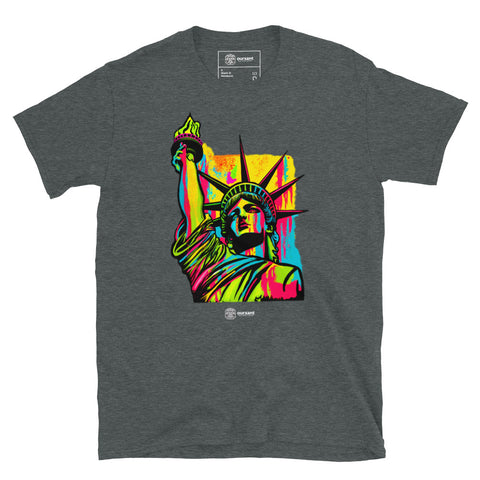 Sustainable streetwear, Graffiti print t-shirt, Statue of Liberty art, Latino streetwear, Merge of cultures, Premium cotton t-shirt, Comfortable fashion, Positive fashion, Ethical fashion, Urban fashion, Conscious consumer, Original design